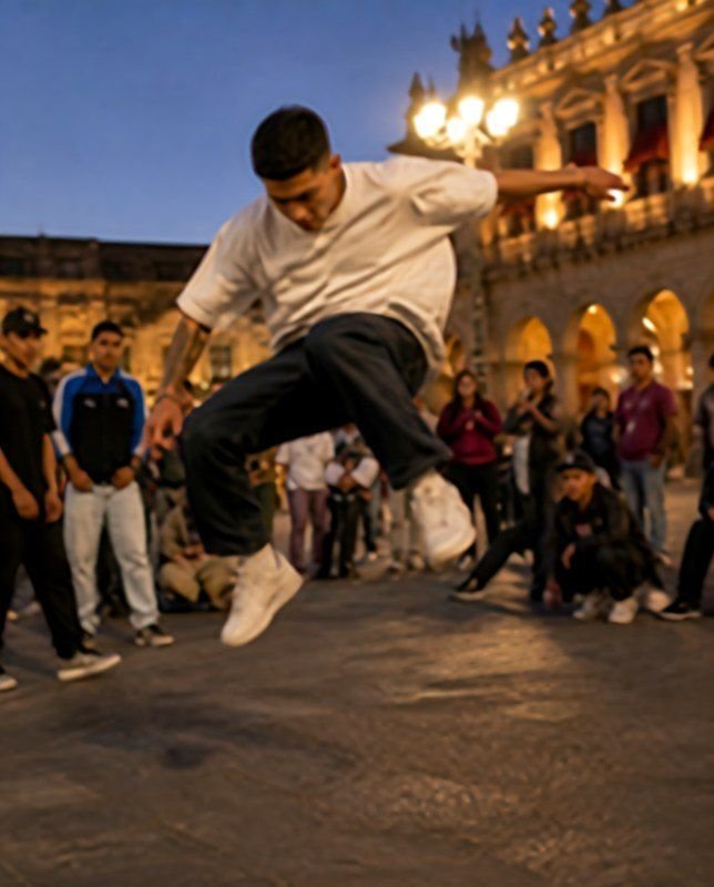 Bailarín saltando en una plaza