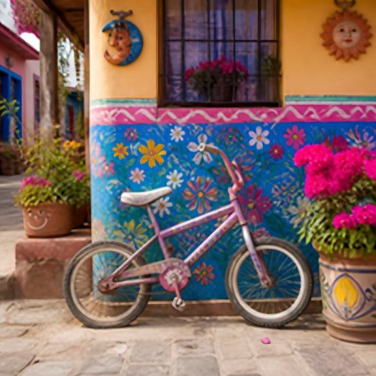 Bicicleta infantil recargada en una pared colorida